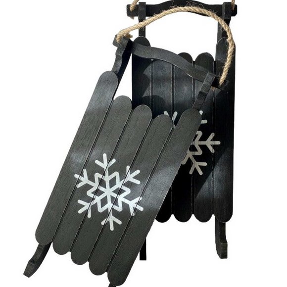 Winter Farmhouse Snowflake Decorations Hangable Wood Sleds Pkg of 2 - Picture 5 of 5
